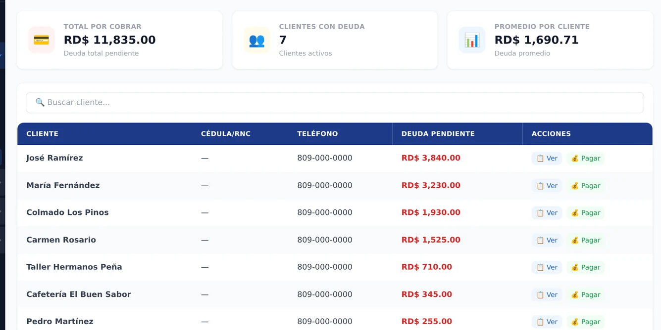 Pantalla de cuentas por cobrar con RD$ 11,835.00 pendientes de siete clientes